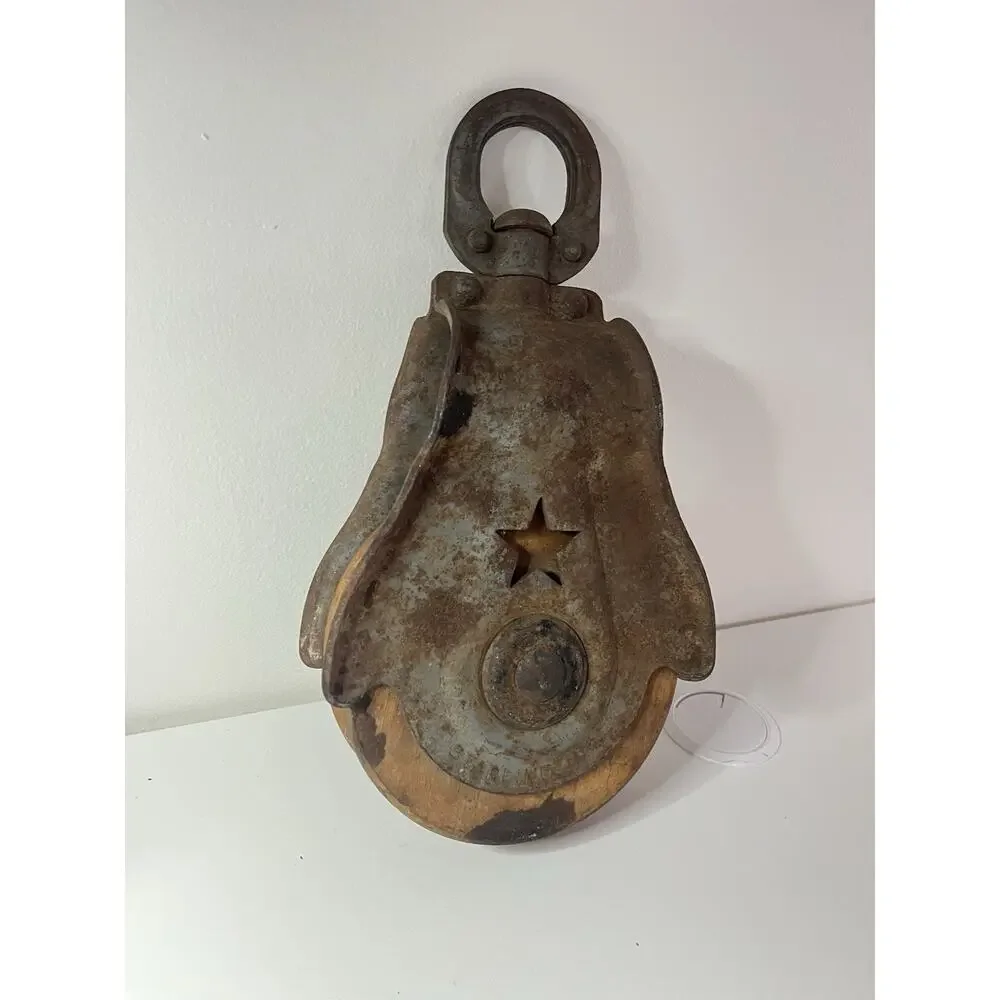 Vintage STARLINE Metal Wood Industrial Barn Hay Rope Antique Pulley Steampunk